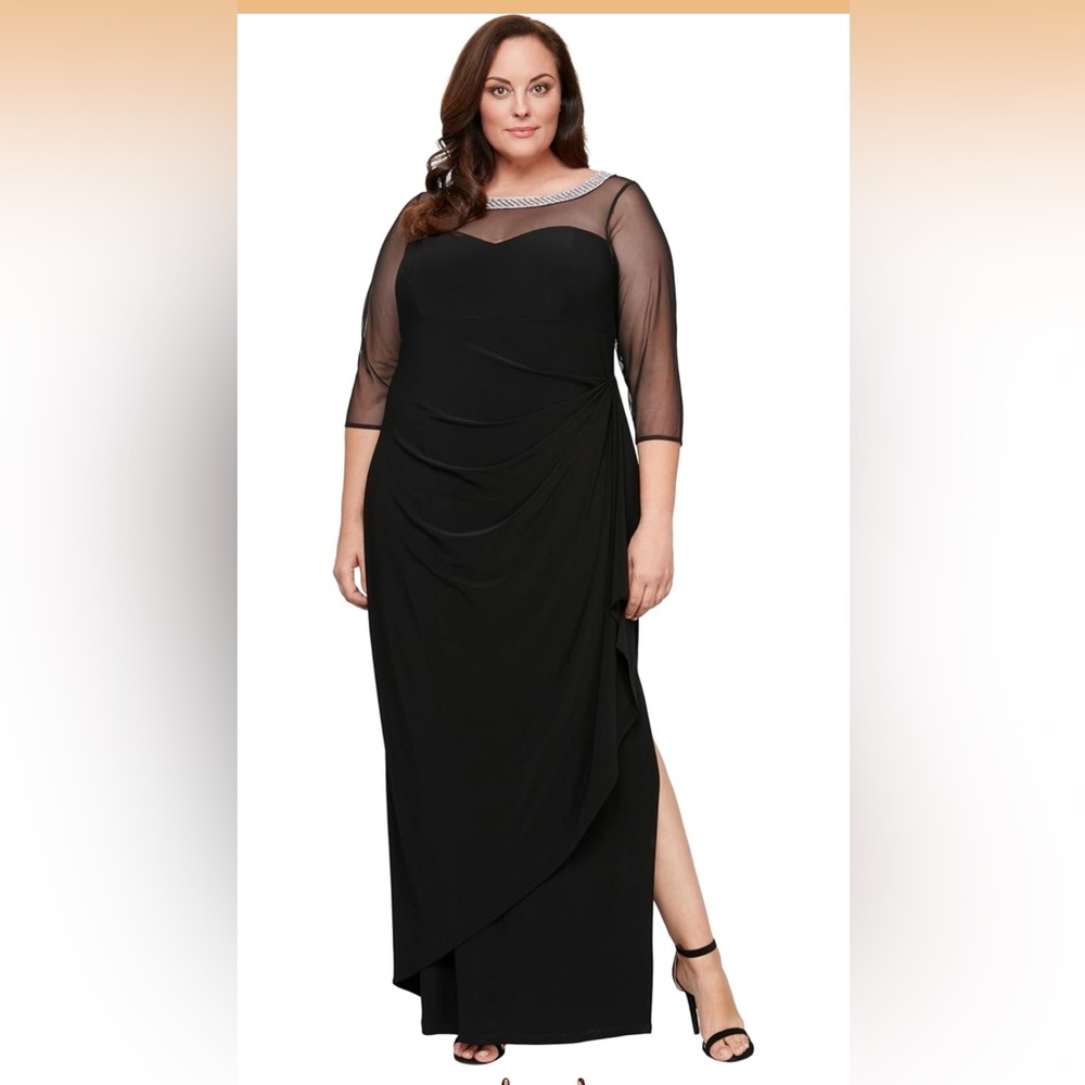Alex Evenings Elegant Black Gown with Sheer Sleeves